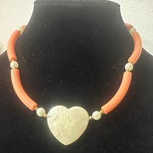 189- Avon Faux Coral and Pearlized Heart Necklace